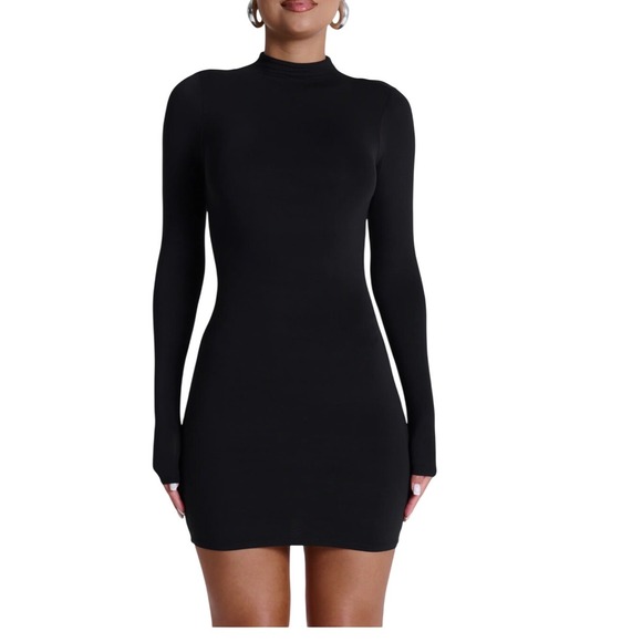 Naked Wardrobe Mini Dress Black Mock Neck Long Sleeve Bodycon Medium Super Sexy! - Picture 2 of 8